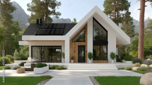 Modern A-frame house with large glass windows, solar panels on the roof, surrounded by pine trees and natural landscaping in a serene forest setting.
