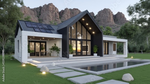 Modern house with sleek black and white design, large windows, solar panels, and a pool, set against a backdrop of rocky hills and surrounded by greenery.
