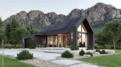 Modern black house with large windows and solar panels, set against rocky mountains and surrounded by trees and landscaped greenery.