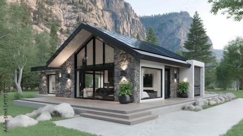 Modern stone cabin with large windows and solar panels nestled in a forested mountain setting, surrounded by trees and rocky terrain.