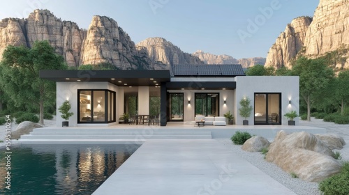 Modern single-story house with large windows, a pool, and mountain views surrounded by trees and rocks under a clear sky.