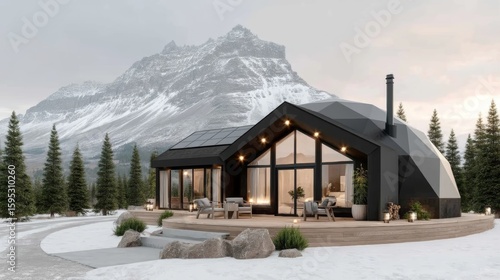 A modern, geometric cabin with large windows set in a snowy landscape, surrounded by pine trees and mountains in the background.
