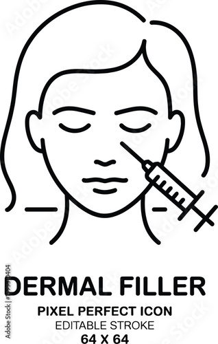Dermal filler injection icon, cosmetic procedure line art, face treatment illustration, anti-aging aesthetic care, plastic surgery concept