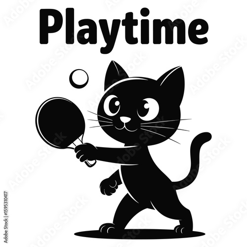 Cartoon cat holding ping pong paddle, black and white silhouette vector illustration