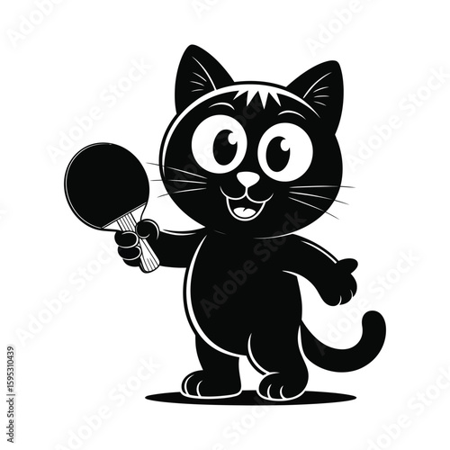 Cartoon cat holding ping pong paddle, black and white silhouette vector illustration