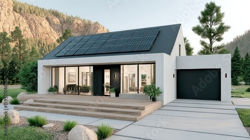 Modern white house with solar panels on the roof, large glass windows, wooden deck, garage, surrounded by greenery and mountains.