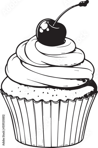 Sweet Treat Delight: An inviting close-up of a delightful cupcake adorned with a vibrant cherry. A classic dessert, inviting you to savor its sweetness and visual appeal.