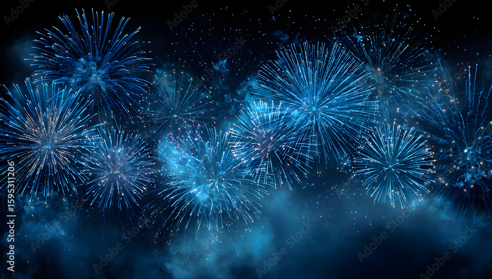 Fototapeta premium Vibrant blue fireworks illuminating the night sky with glittering sparks and smoke during a celebration