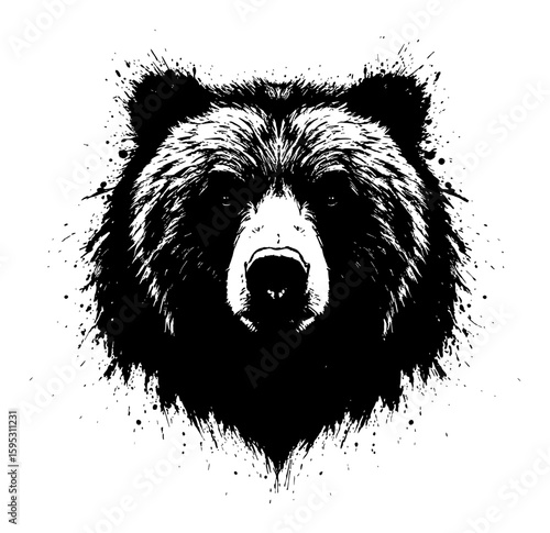 Detailed Grizzly Bear Head Front View Ink Splatter Black and White Drip Splat Abstract Art Illustration