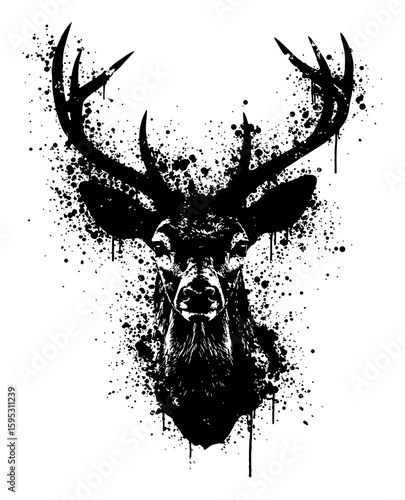 Detailed Majestic Deer Head with Antlers in Black and White Drip Splat Abstract Art Illustration Style