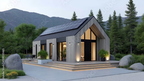 Modern small house with solar panels, large windows, and wooden exterior, set in a serene mountainous forest landscape.