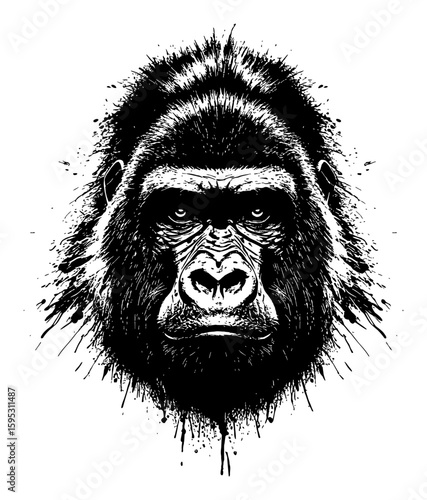 Majestic Gorilla Head Full Face View Detailed Expressive Black and White Drip Splat Abstract Art