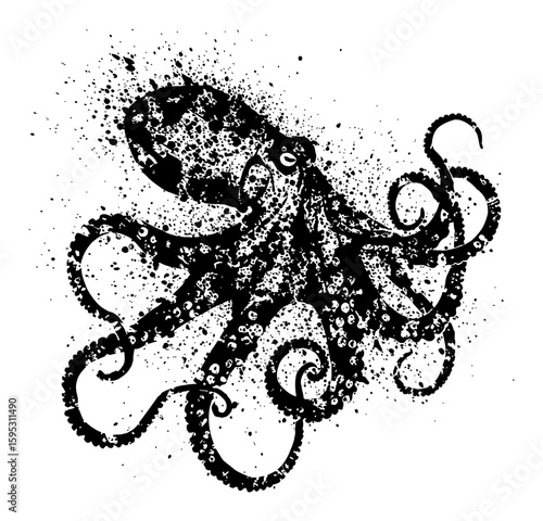 Dynamic Octopus Tentacles Creature Sea Black and White Drip Splat Abstract Art