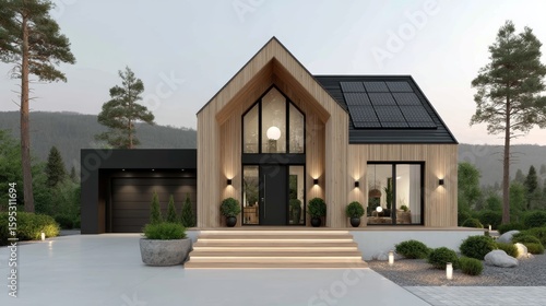 Modern wooden house with large glass windows, solar panels on the roof, surrounded by trees and a minimalist landscaped driveway.