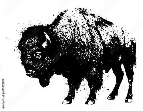 Majestic American Bison Creature Ink Splatter Painting Side View Black and White Drip Splat Abstract Art