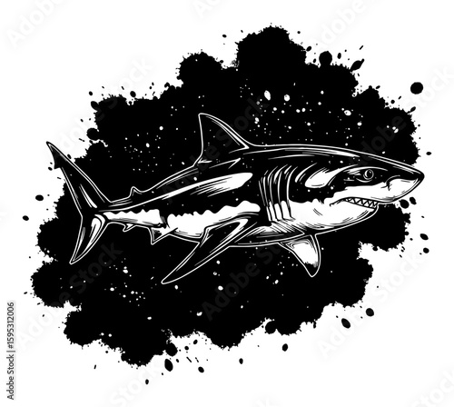 Detailed Shark Swimming Fiercely with Open Jaws Black and White Drip Splat Abstract Art Illustration
