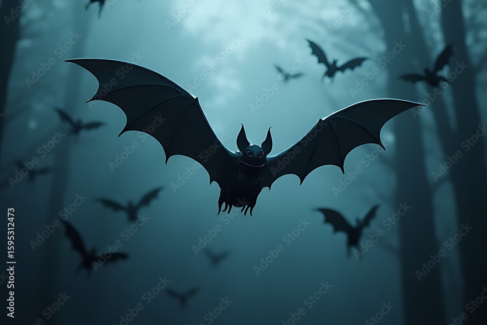Fototapeta premium A dark bat with outstretched wings flying in a foggy forest with other bats and blurred trees in the background