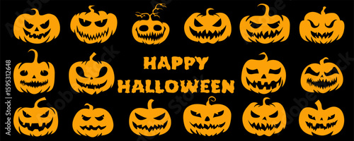 Set of scary pumpkins for Halloween. Set of pumpkins with faces for Halloween design. Set of vector illustrations of pumpkins for Halloween.