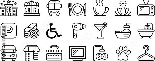 Hotel service line icons set, modern amenities symbols collection, editable stroke, pixel perfect vector, hospitality, travel, accommodation, facilities