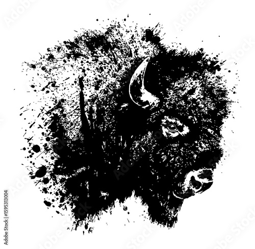 Bison Head Illustration Ink Splatter Grunge Style Black and White Drip Splat Abstract Art