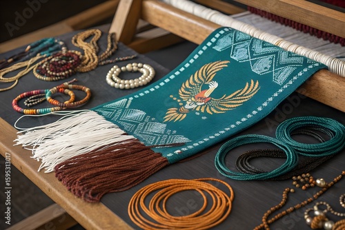 Detailed Handwoven Fabric in Teal and Orange Hues on Rustic Loom Frame