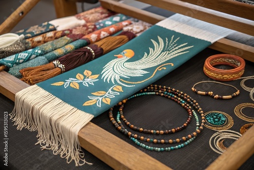 Vibrant Teal and Burnt Orange Threads on Traditional Wooden Weaving Loom
