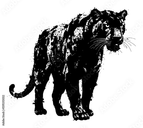 Panther Full Body Standing Wild Animal Powerful Black and White Drip Splat Abstract Art