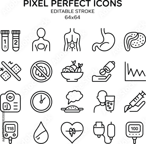 Health and nutrition line icons, editable stroke, medical care symbols, digestive system, glucose meter, pixel perfect vector design