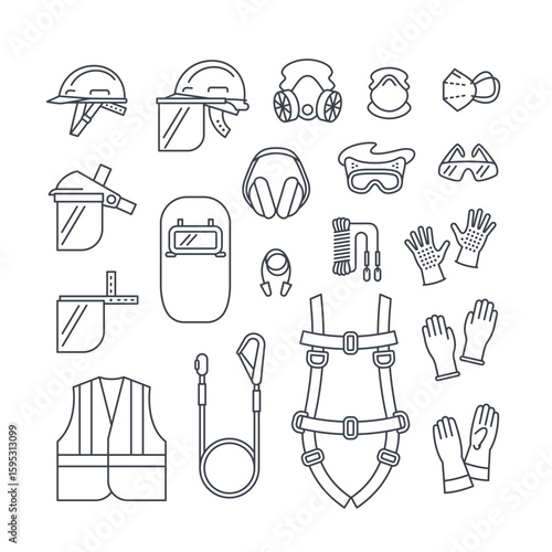 Editable line icons of personal protective equipment used in construction, industrial, or hazardous work. Safety helmet, face shield, dust mask, safety glasses, earmuffs, safety harness, work gloves