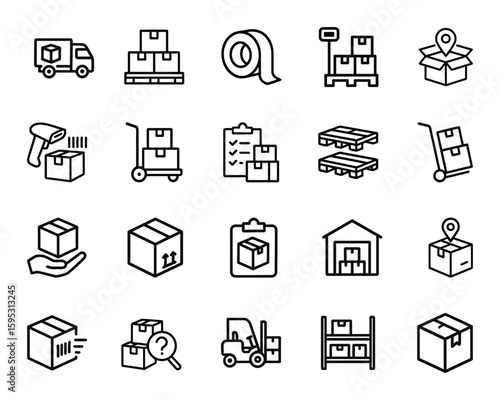 Warehouse Inventory Vector Icon Set,Inventory, storage, logistics, shipping, delivery, barcode, tracking, packaging, forklift, pallet, cargo, supply chain icons