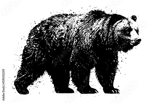 Bear Full Body Side View Distressed Illustration Black and White Drip Splat Abstract Art