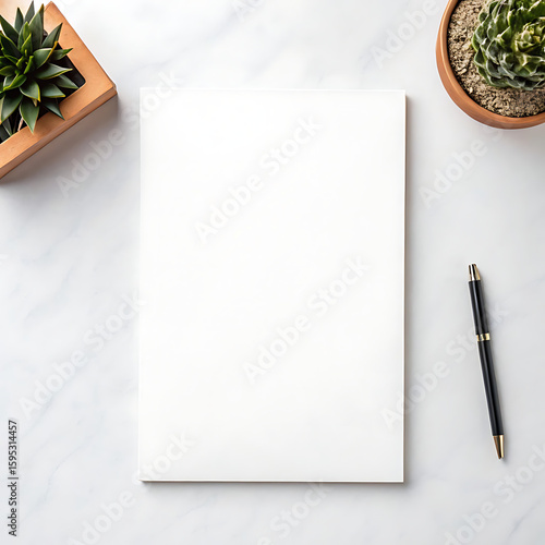 White paper with plants and pen blank page mockup