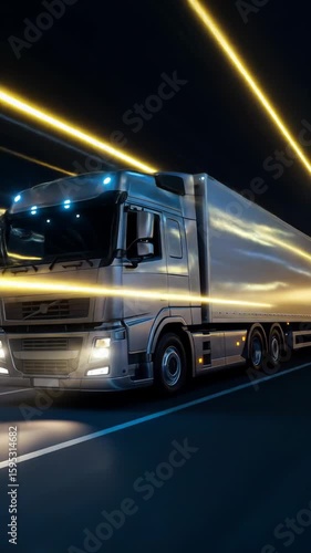 High-speed cargo truck on nighttime road with glowing light trails. Symbol of fast shipping, logistics efficiency, and freight transport technology.
