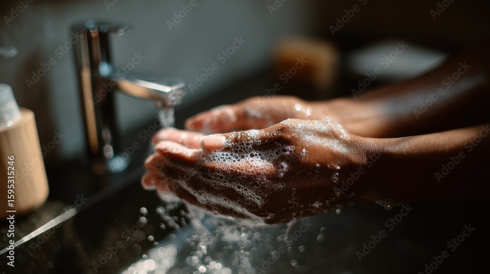 African Woman Practicing Hygiene by Washing Hands with Soap. Focus on Foaming Cleanliness African Woman Practicing Hygiene by Washing Hands with Soap. Focus on Foaming Cleanliness
