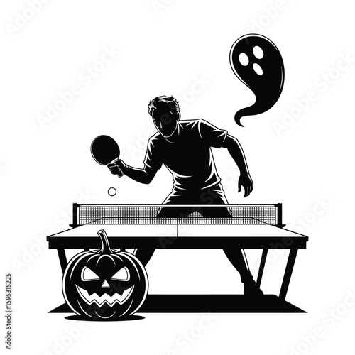Halloween ping pong player with pumpkin beside table, black and white silhouette vector illustration