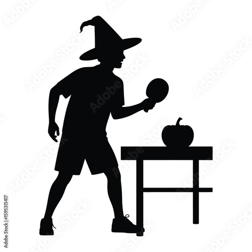 Halloween ping pong player with pumpkin beside table, black and white silhouette vector illustration