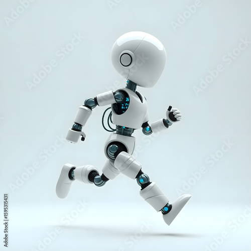 Futuristic White Robot Running, Side Profile, Clean Minimalist Design, Technology Concept