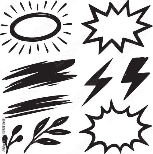 Collection of hand-drawn black ink comic elements including speech bubbles, lightning bolts, brush strokes, sunburst, and decorative sketch symbols