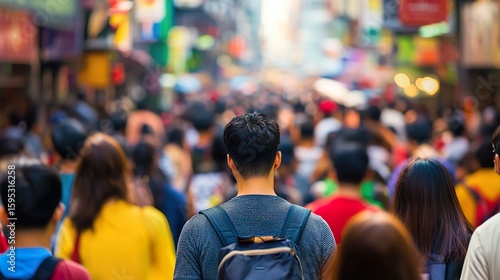 Blurred busy street market background, diverse crowd