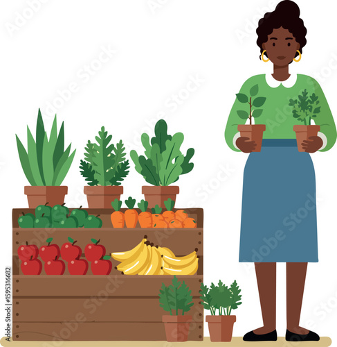 Woman holding potted plants standing near wooden fruit and vegetable stand with fresh produce and greenery