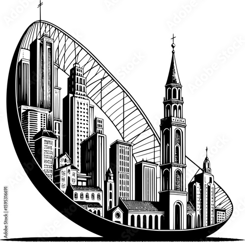 Cityscape in an elliptical frame. EPS version.