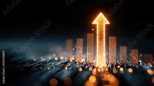 Upward-pointing arrow with glowing bar graphs symbolizes business success, financial acceleration, and tech-driven performance growth using data intelligence and visual reporting tools.