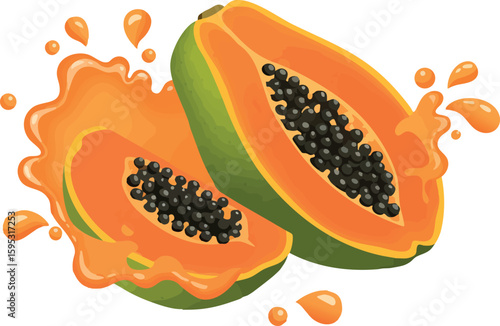 Papaya fruit halves with seeds and juice splash vector illustration fresh tropical food design