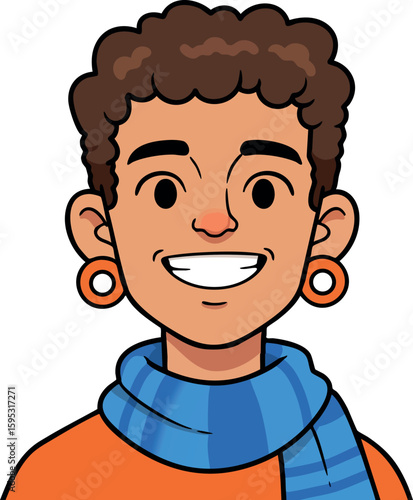 Smiling young person wearing orange shirt and striped blue scarf with earrings vector portrait illustration