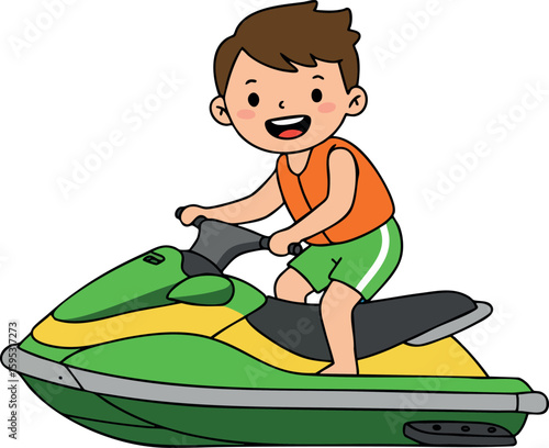 Boy riding green and yellow jet ski water scooter summer fun outdoor activity vector illustration