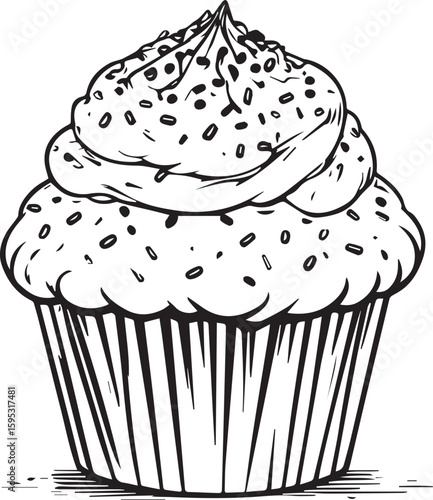 Sweet Cupcake Delight: A whimsical black and white line art illustration captures the delectable essence of a classic cupcake, complete with a swirl of frosting and delicate sprinkles.