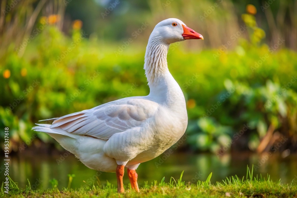 Majestic white goose with orange beak stands proudly on grassy bank near calm water in soft sunlight Majestic white goose with orange beak stands proudly on grassy bank near calm water in soft sunlight