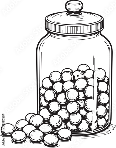 Marble Jar Illustration: A detailed black and white illustration of a glass jar filled with marbles, with some spilling out, creating a visually appealing contrast of textures and shapes.