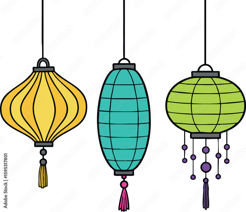 Obraz premium Decorative yellow blue green hanging lanterns vector illustration set with tassels and beads