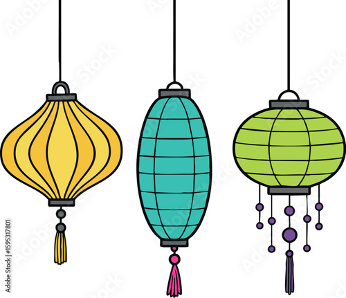 Decorative yellow blue green hanging lanterns vector illustration set with tassels and beads